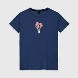 Скелет и пионы - современно и молодежно – Женская футболка хлопок с принтом купить со скидкой в -20%