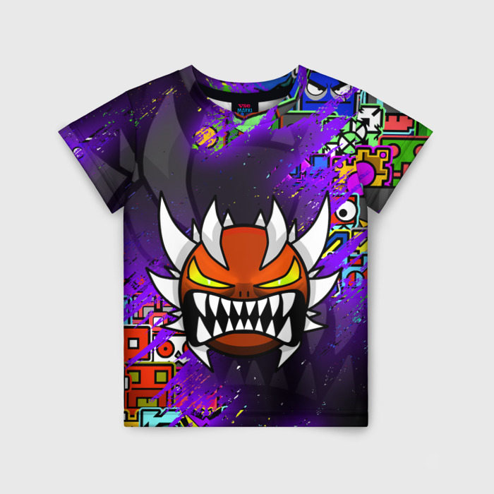 Детская футболка с принтом Geometry Dash demon skin геометри Даш демон скин, вид спереди №1