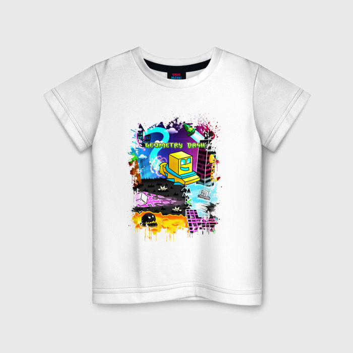 Детская футболка из хлопка с принтом Geometry Dash logo pixel, вид спереди №1