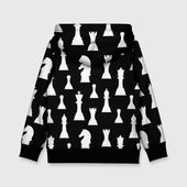 Толстовка с принтом Белые шахматные фигуры для ребенка, вид сзади №1. Цвет основы: черный