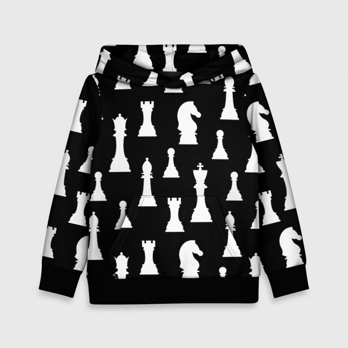 Детская толстовка с принтом Белые шахматные фигуры, вид спереди №1
