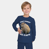 Пижама с принтом Don't worry be capy для ребенка, вид на модели спереди №2. Цвет основы: темно-синий