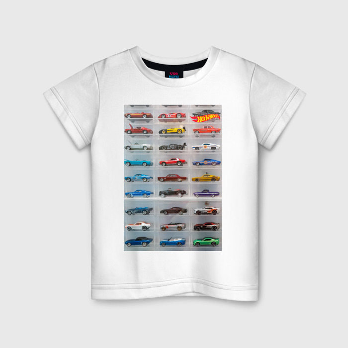 Детская футболка из хлопка с принтом Hot Wheels — collection Автомобили на полке, вид спереди №1