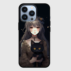 Чехол для iPhone 13 Pro Аниме девушка с черной кошкой