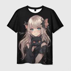 Мужская футболка Аниме девушка с черным котенком со скидкой в -26%