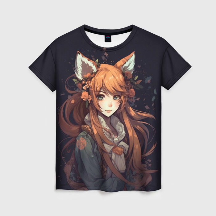 Женская футболка с принтом Девушка лисица, вид спереди №1