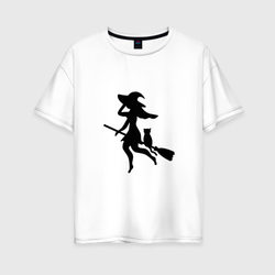 Ведьмочка и кот на метле – Женская футболка хлопок Oversize с принтом купить со скидкой в -16%