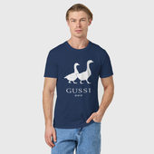 Светящаяся футболка с принтом Гусси — Гуччи для любого человека, вид спереди №2. Цвет основы: темно-синий