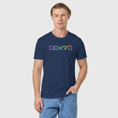 Светящаяся футболка с принтом Зашифрованная надпись пофиг для любого человека, вид спереди №2. Цвет основы: темно-синий