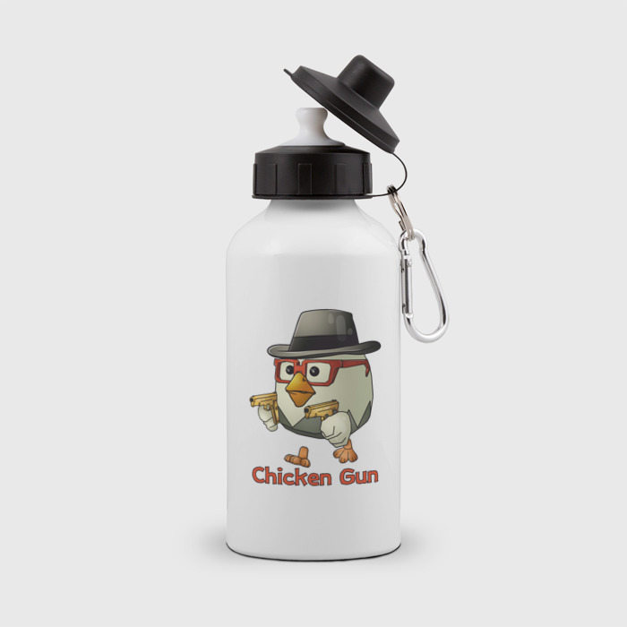 Бутылка спортивная с принтом Чикен ган — курочка в шляпе, вид спереди №1