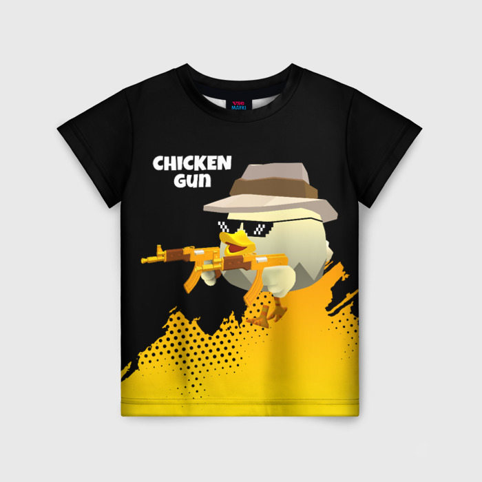 Детская футболка с принтом Цыпленок с автоматом, вид спереди №1
