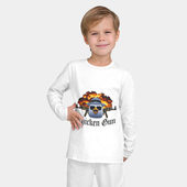 Пижама с принтом Chicken gun game для ребенка, вид на модели спереди №2. Цвет основы: белый