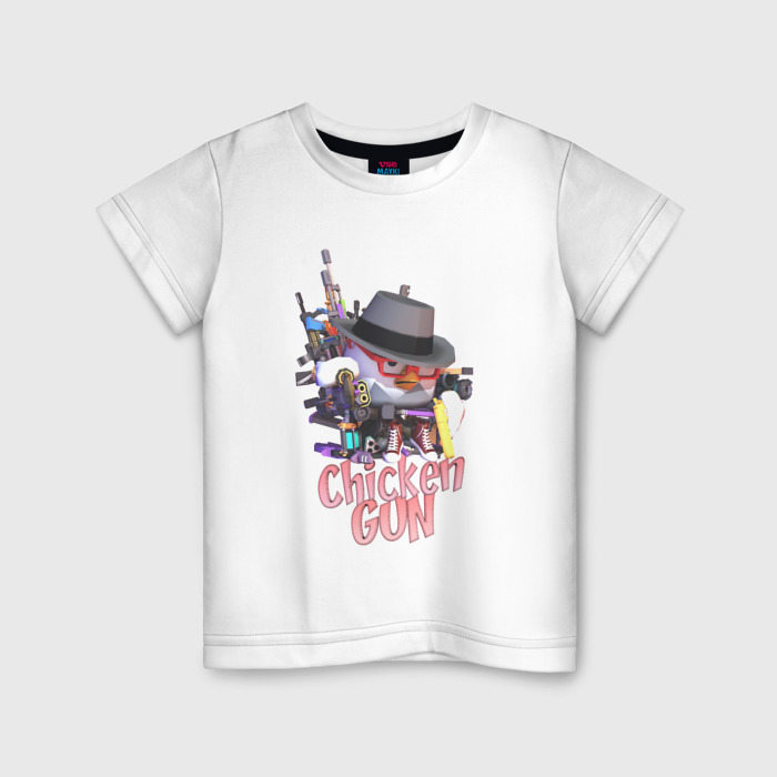 Детская футболка из хлопка с принтом Chicken Gun Game, вид спереди №1