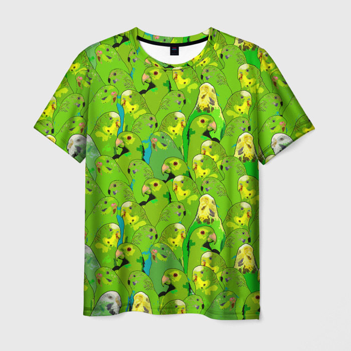 Мужская футболка с принтом Зеленые волнистые попугайчики, вид спереди №1