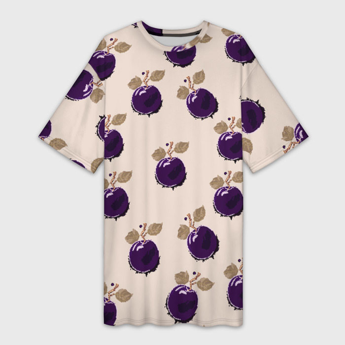 Платье-футболка с принтом Слива с листьями — пиксель арт, вид спереди №1