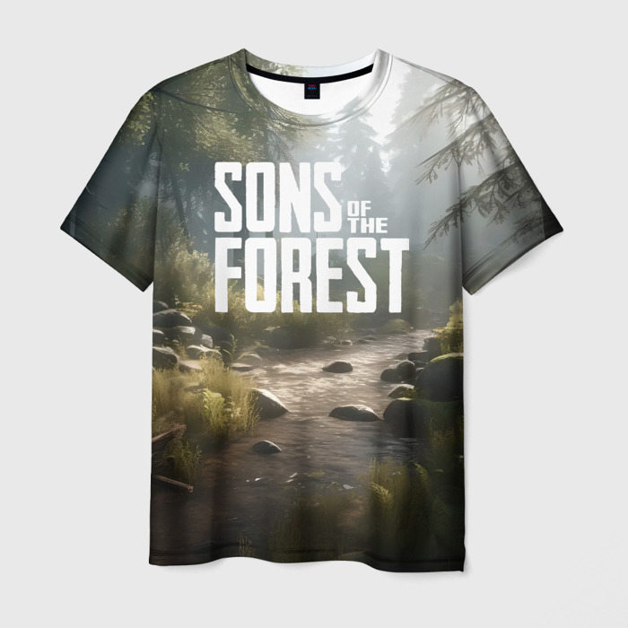 Мужская футболка с принтом Sons of the forest — ручей, вид спереди №1