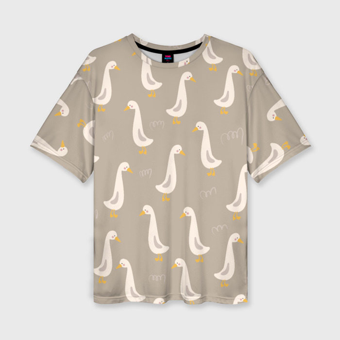 Женская футболка Oversize с принтом Утки на травке — бежевый, вид спереди №1