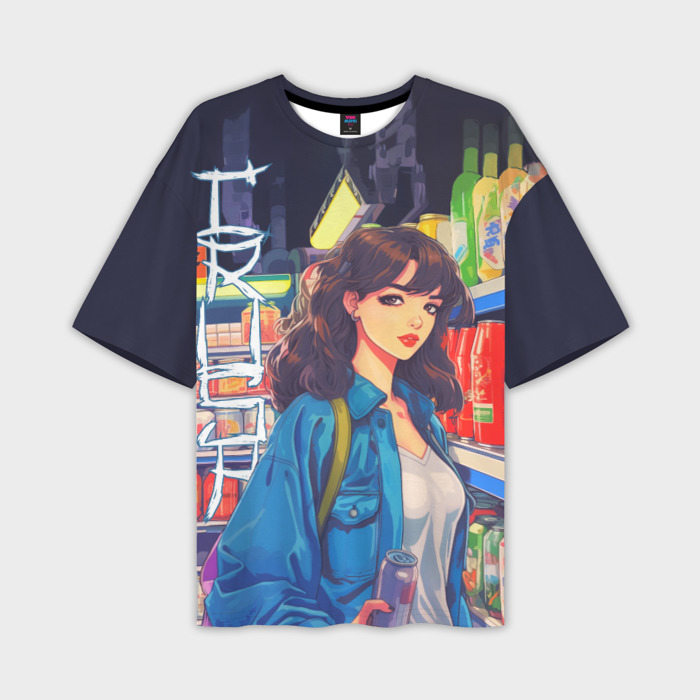 Мужская футболка оверсайз с принтом Crush — ретро девочка-аниме в магазине, вид спереди №1