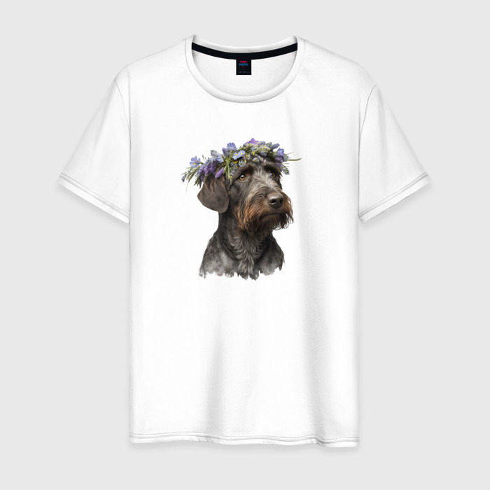 Мужская футболка из хлопка с принтом Весна в душе: дратхаар, вид спереди №1
