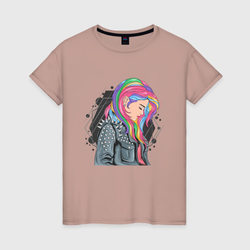 Девушка рокерша с разноцветными волосами – Женская футболка хлопок с принтом купить со скидкой в -20%