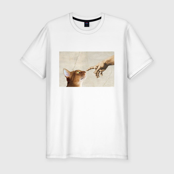 Мужская приталенная футболка из хлопка с принтом Сотворение кота абиссинца, вид спереди №1