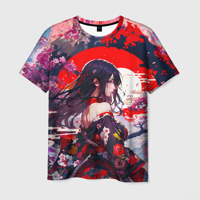 Мужская футболка с принтом Японская девушка от нейросети, вид спереди №1
