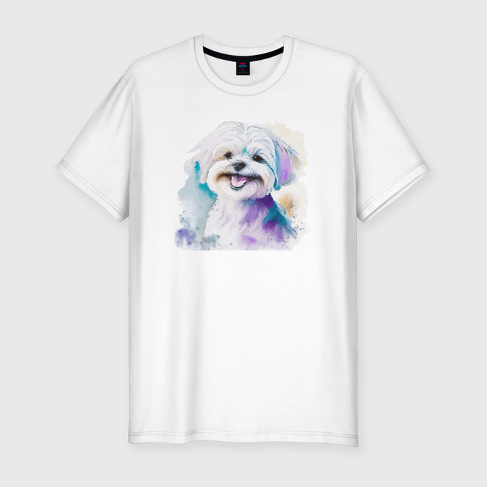 Мужская приталенная футболка из хлопка с принтом Мальтипу собака улыбака акварель, вид спереди №1