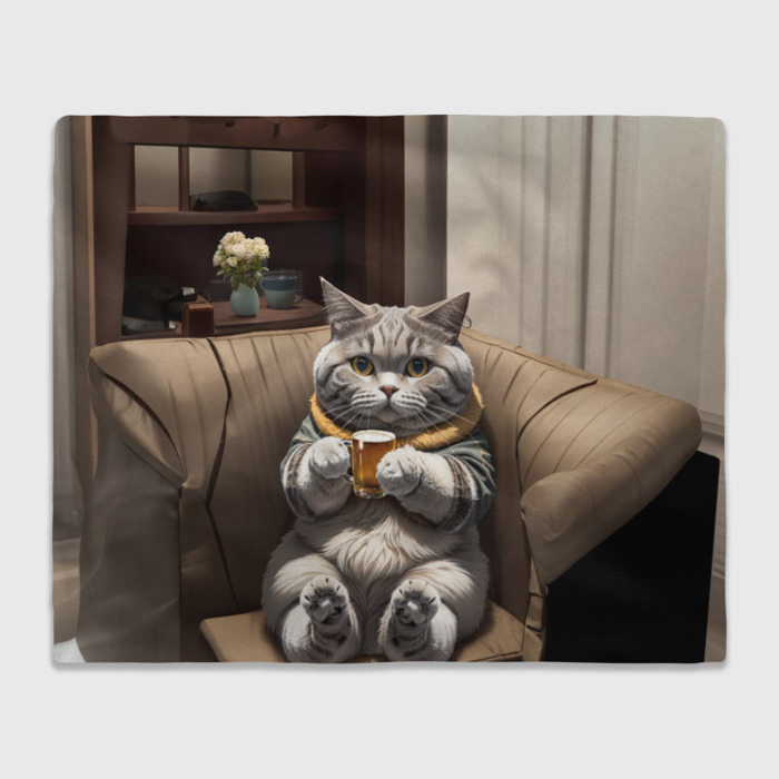 Плед с принтом Кот сидит на диване с напитком, вид спереди №1