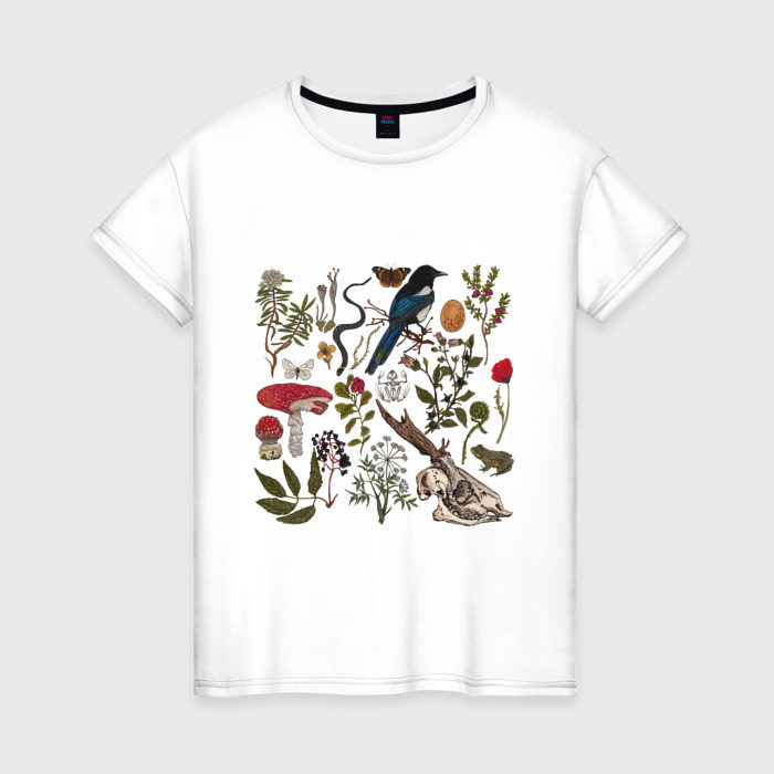 Женская футболка из хлопка с принтом Сорока и мухоморы, вид спереди №1