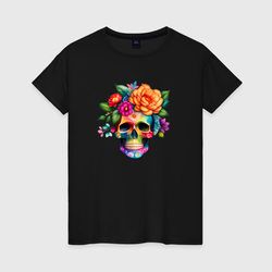 Череп с цветами в мексиканском стиле – Женская футболка хлопок с принтом купить со скидкой в -20%
