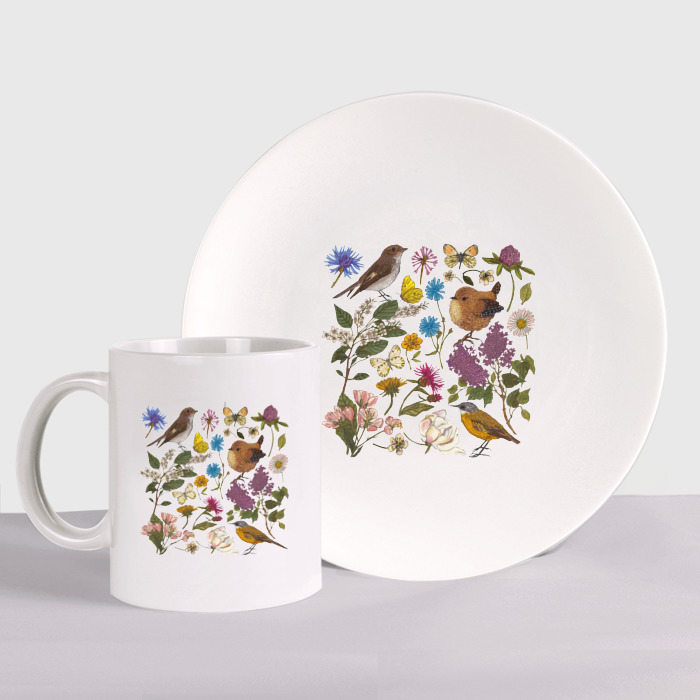 Набор: тарелка + кружка с принтом Цветение и птички, вид спереди №1