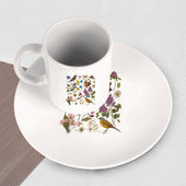 Набор: тарелка кружка с принтом Цветение и птички для любого человека, вид спереди №3. Цвет основы: белый