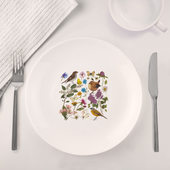 Набор: тарелка кружка с принтом Цветение и птички для любого человека, вид спереди №4. Цвет основы: белый