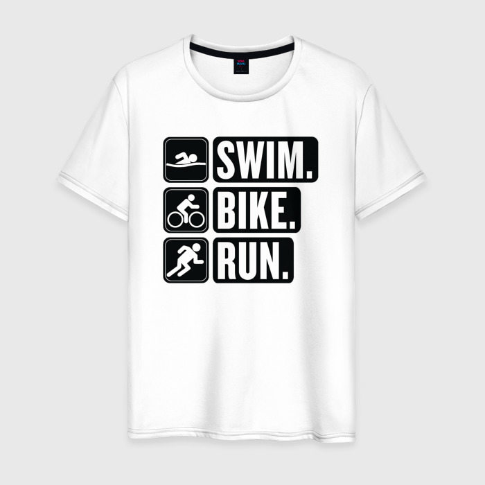Мужская футболка из хлопка с принтом Swim bike run, вид спереди №1
