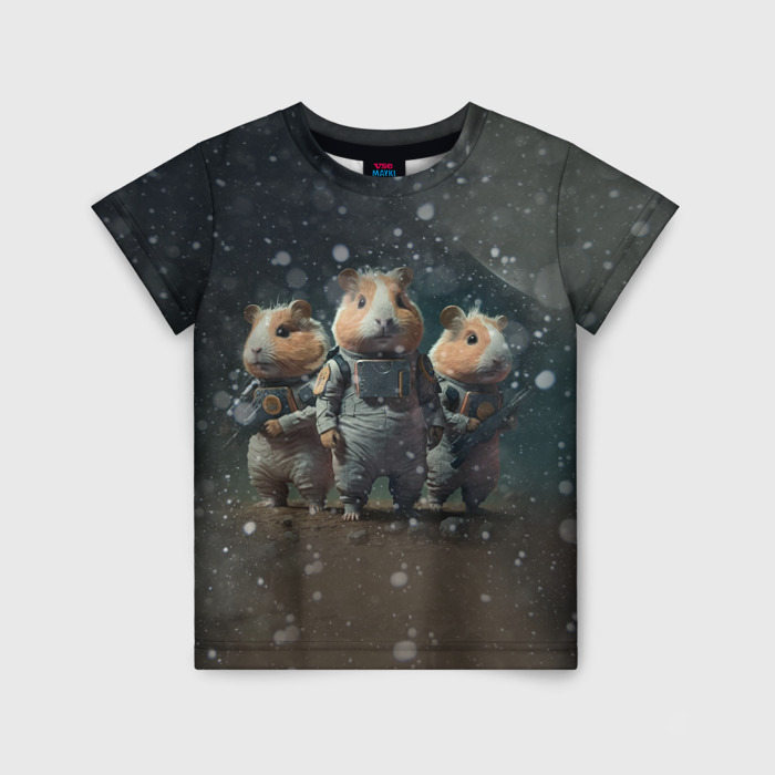 Детская футболка с принтом Морские свинки в комбинезонах на марсе, вид спереди №1