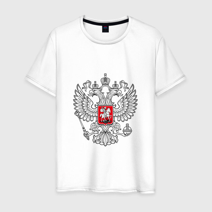Мужская футболка из хлопка с принтом Герб России серебро, вид спереди №1