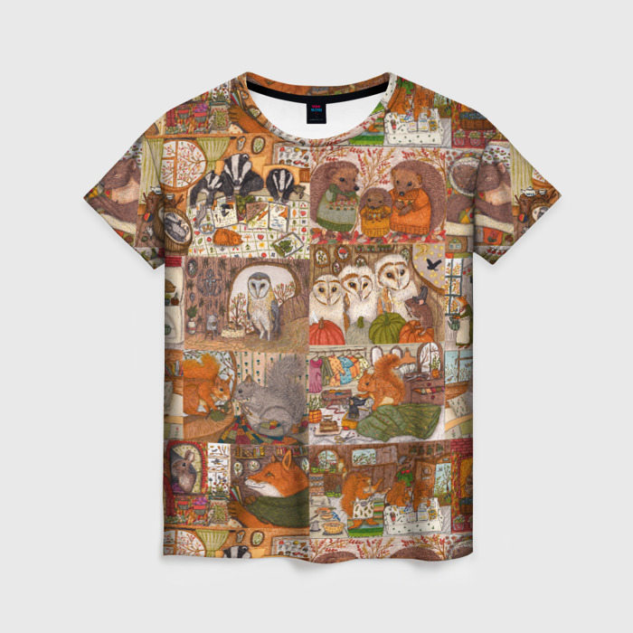 Женская футболка с принтом Коллаж из сказочных зверей — совы, белки, ёжики, вид спереди №1