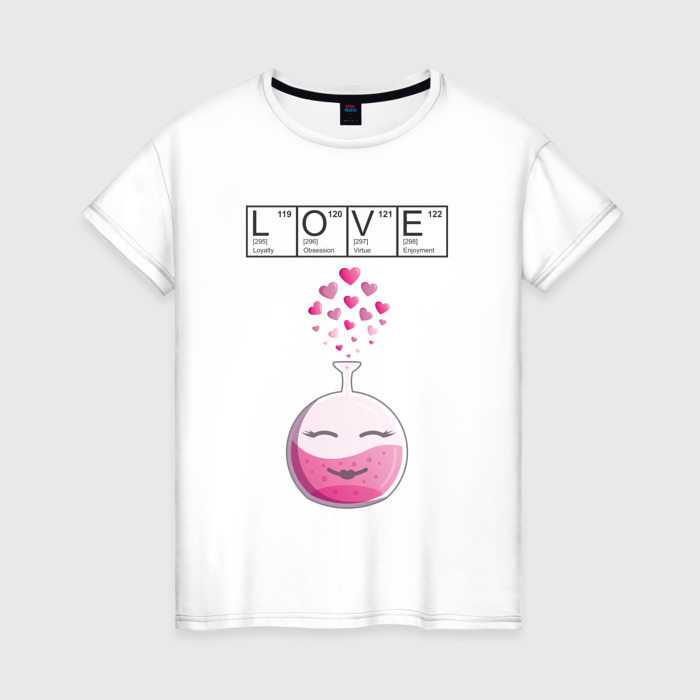 Женская футболка из хлопка с принтом Химия любви — для нее, вид спереди №1