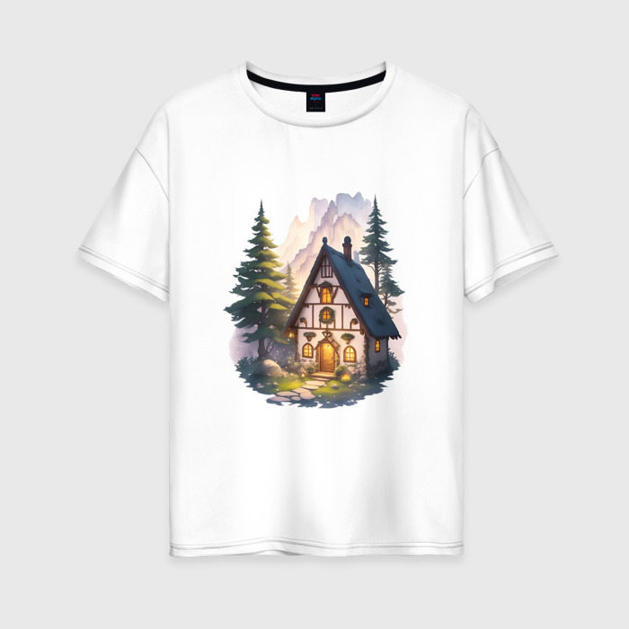 Женская футболка из хлопка оверсайз с принтом Сказочный домик в лесу в горах, вид спереди №1