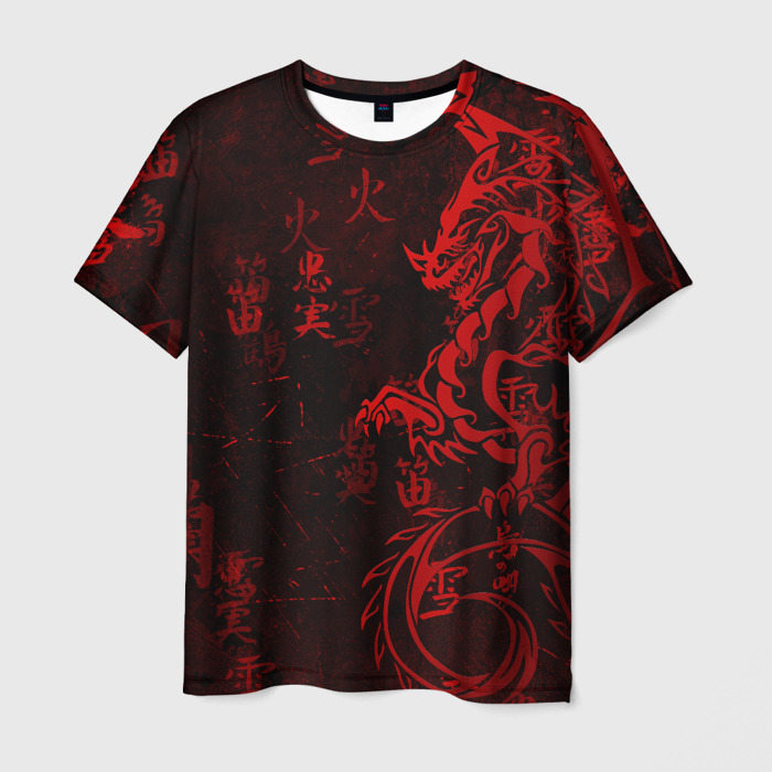 Мужская футболка с принтом Красный дракон — иероглифы, вид спереди №1