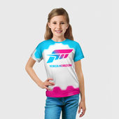 Футболка с принтом Forza Horizon neon gradient style для ребенка, вид на модели спереди №3. Цвет основы: белый