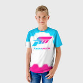 Футболка с принтом Forza Horizon neon gradient style для ребенка, вид на модели спереди №2. Цвет основы: белый
