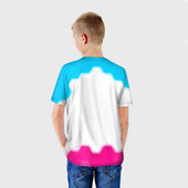 Футболка с принтом Forza Horizon neon gradient style для ребенка, вид на модели сзади №2. Цвет основы: белый