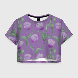 Фиолетовые тюльпаны с зелеными листьями – Женская футболка Crop-top 3D с принтом купить
