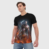 Футболка с принтом Кратос в огне God of war на спине для мужчины, вид на модели спереди №2. Цвет основы: белый