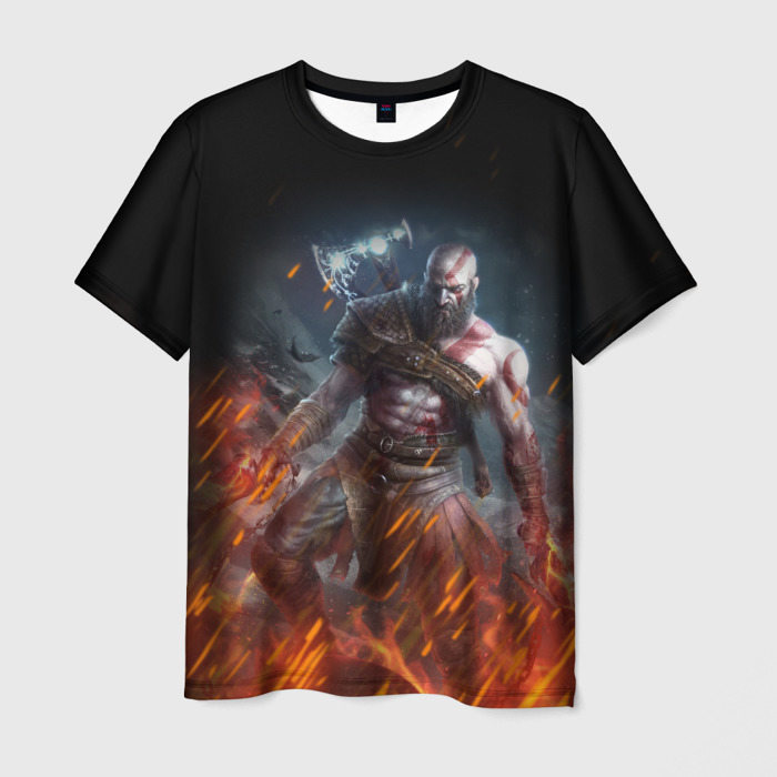 Мужская футболка с принтом Кратос в огне God of war на спине, вид спереди №1