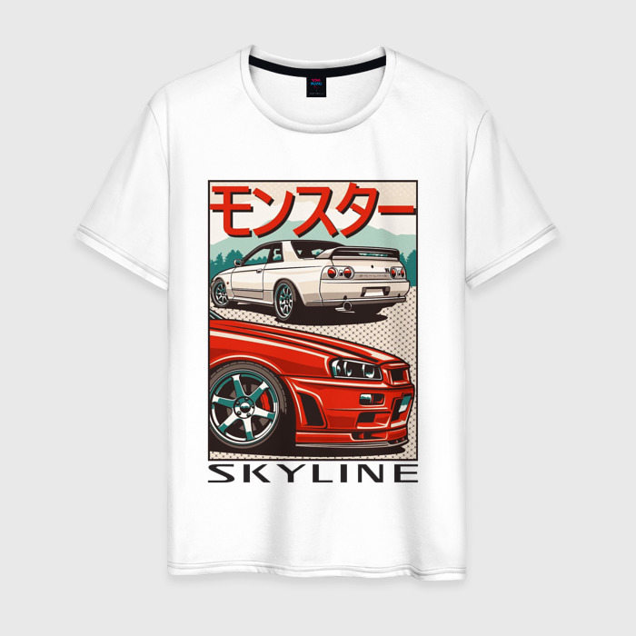 Мужская футболка из хлопка с принтом Nissan Skyline | Ниссан Скайлайн, вид спереди №1