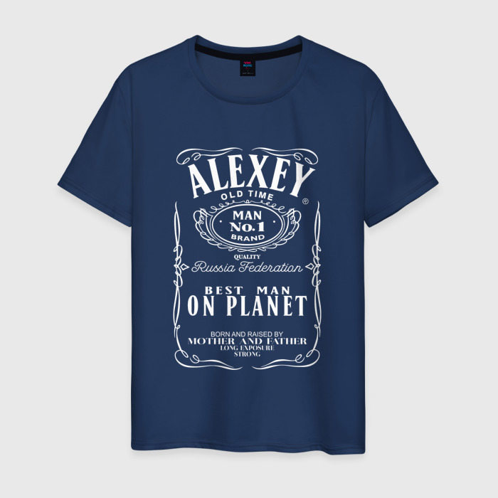 Мужская футболка из хлопка с принтом Алексей в стиле Джек Дэниэлс, вид спереди №1