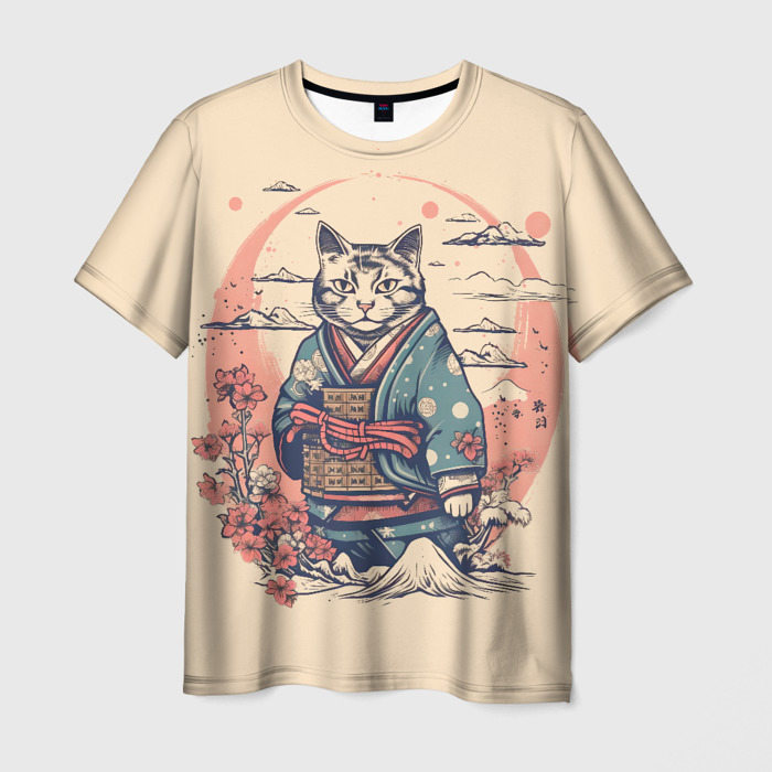 Мужская футболка с принтом Кот-самурай, вид спереди №1