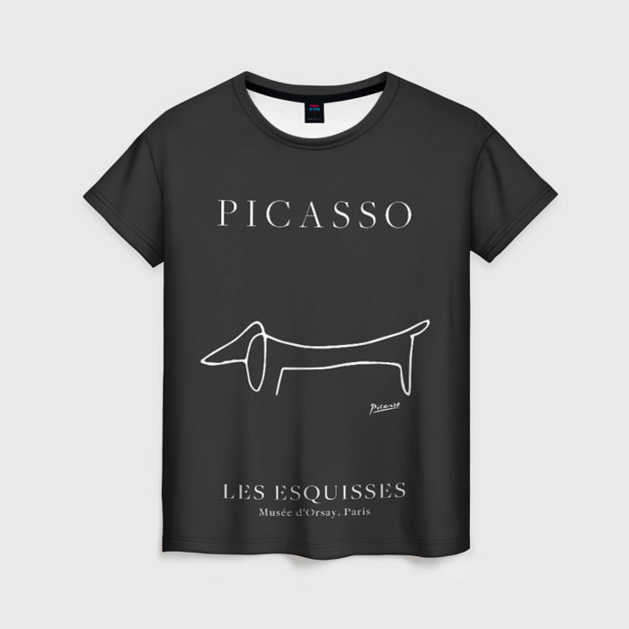 Женская футболка с принтом Собака на черном — Пабло Пикассо, вид спереди №1